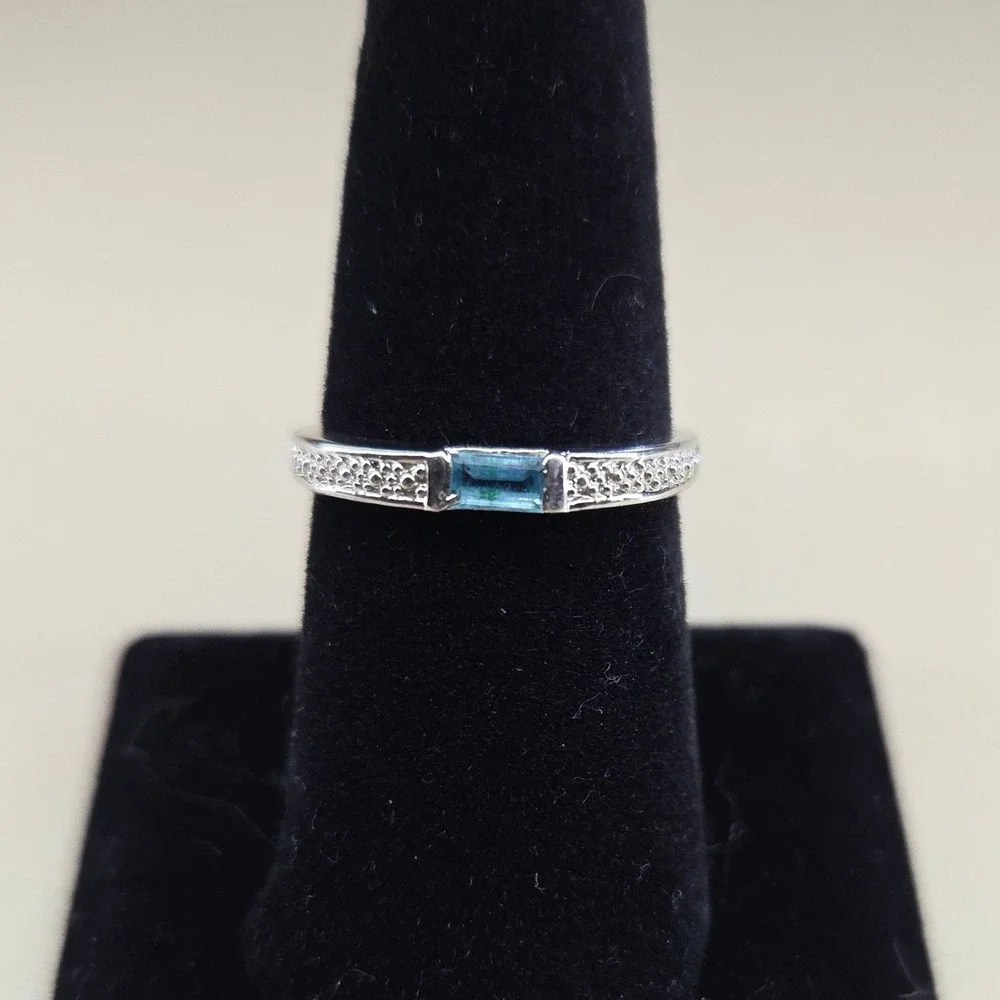 Silver Tone Faux Blue Topaz Baguette Accent Stackable Band Ring Size 8.5